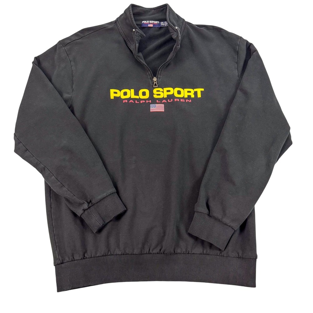Vintage Polo Sport Ralph Lauren 1/4 Zip Pullover Mens XXL Black USA Flag 90s Y2K